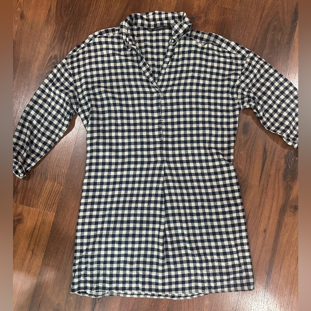 Zara Basic Gingham wool blend dress Sz XS black and cream